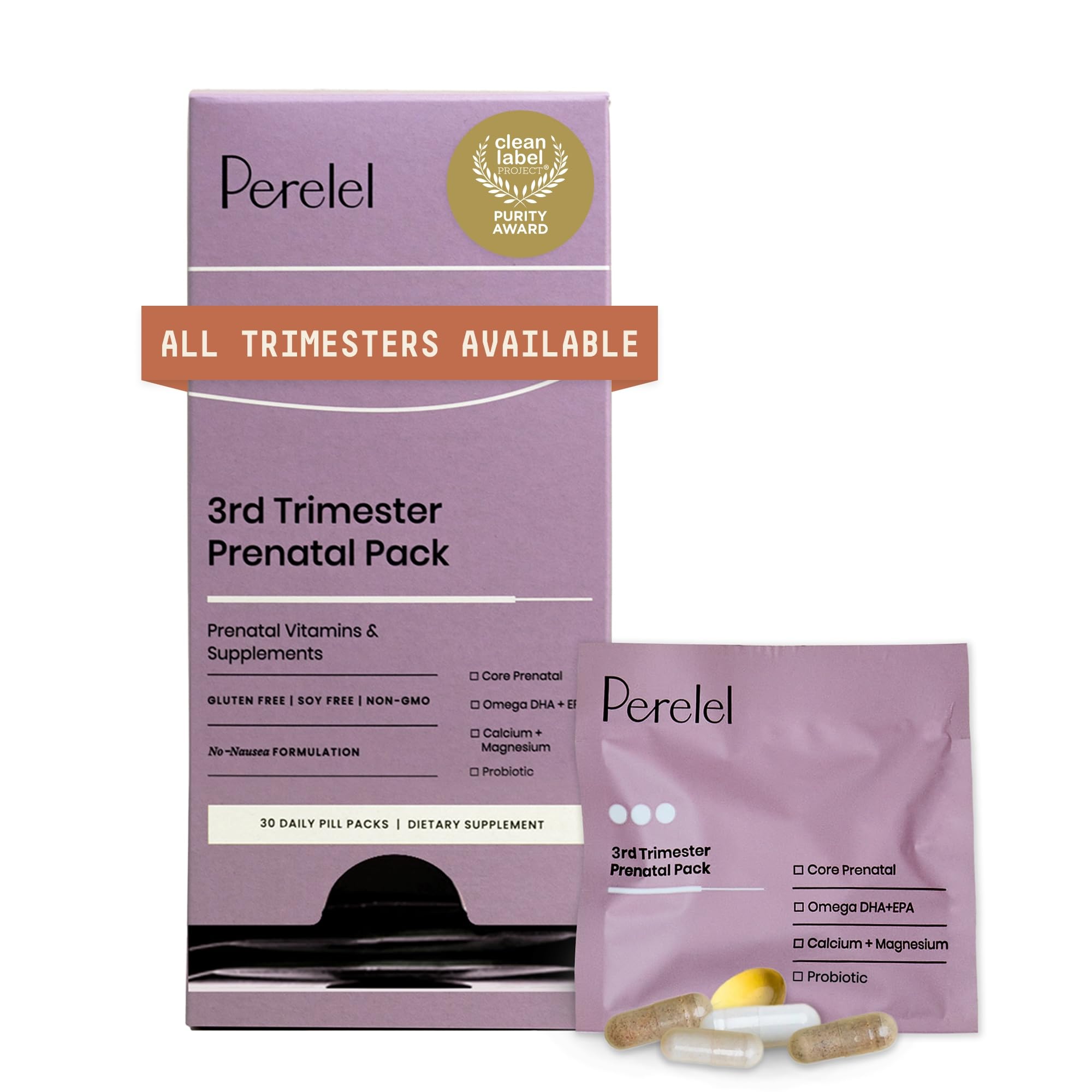 Perelel 3rd Trimester Pack sachet shown for daily prenatal support