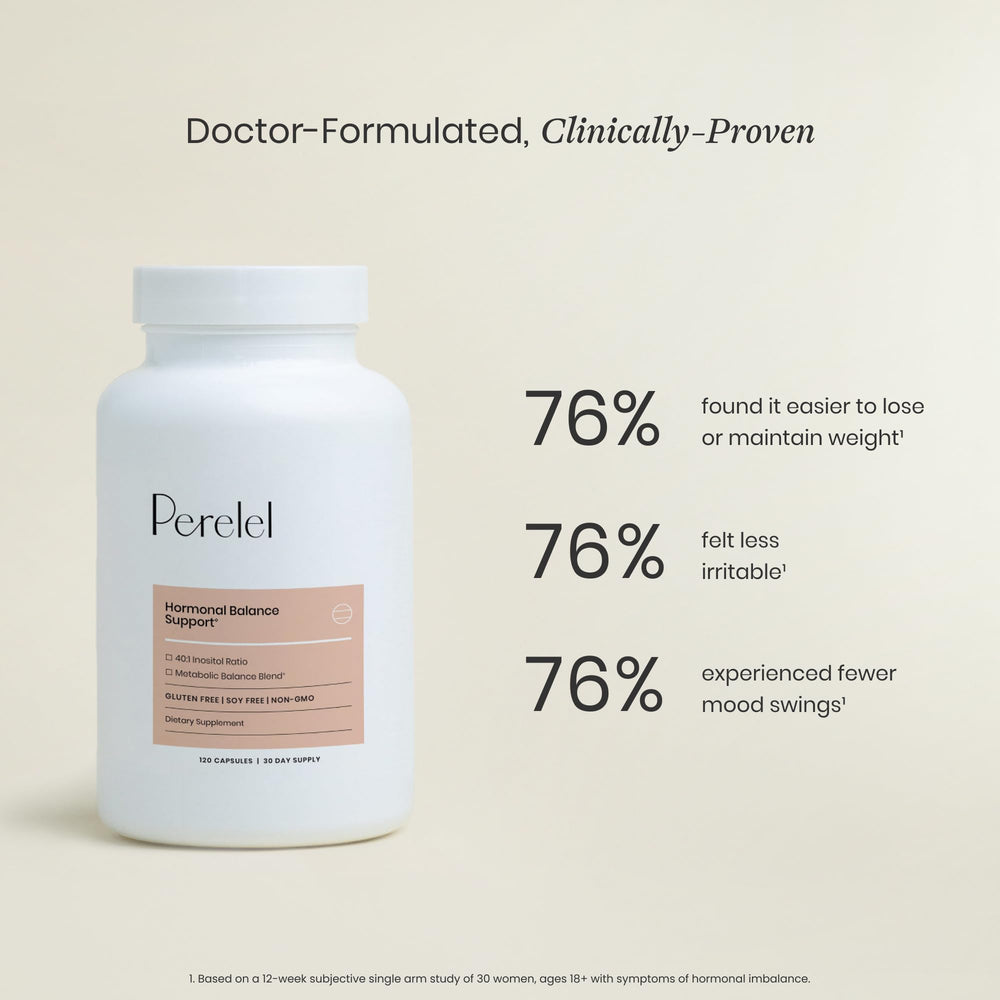 Perelel Balance Blend ingredients with berberine, DIM and ALA for balanced daily wellness.