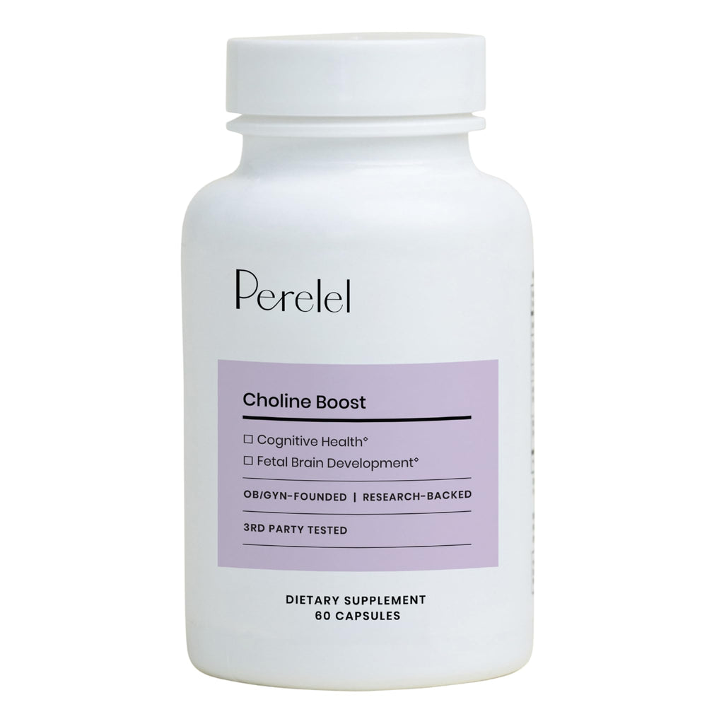 Perelel Choline Boost bottle front, prenatal support for baby brain development.