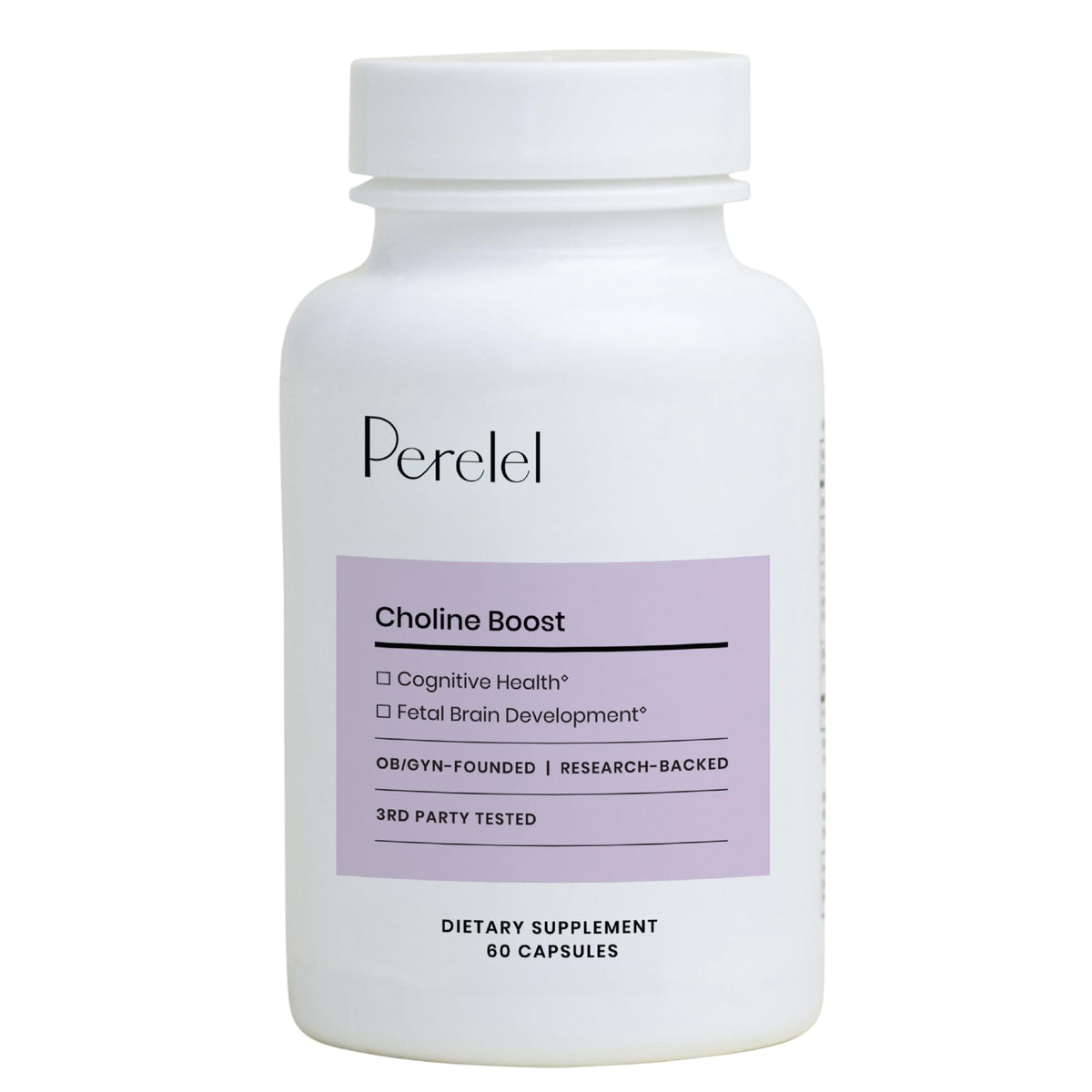 Perelel Choline Boost bottle front, prenatal support for baby brain development.