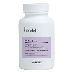 Perelel Choline Boost bottle front, prenatal support for baby brain development.