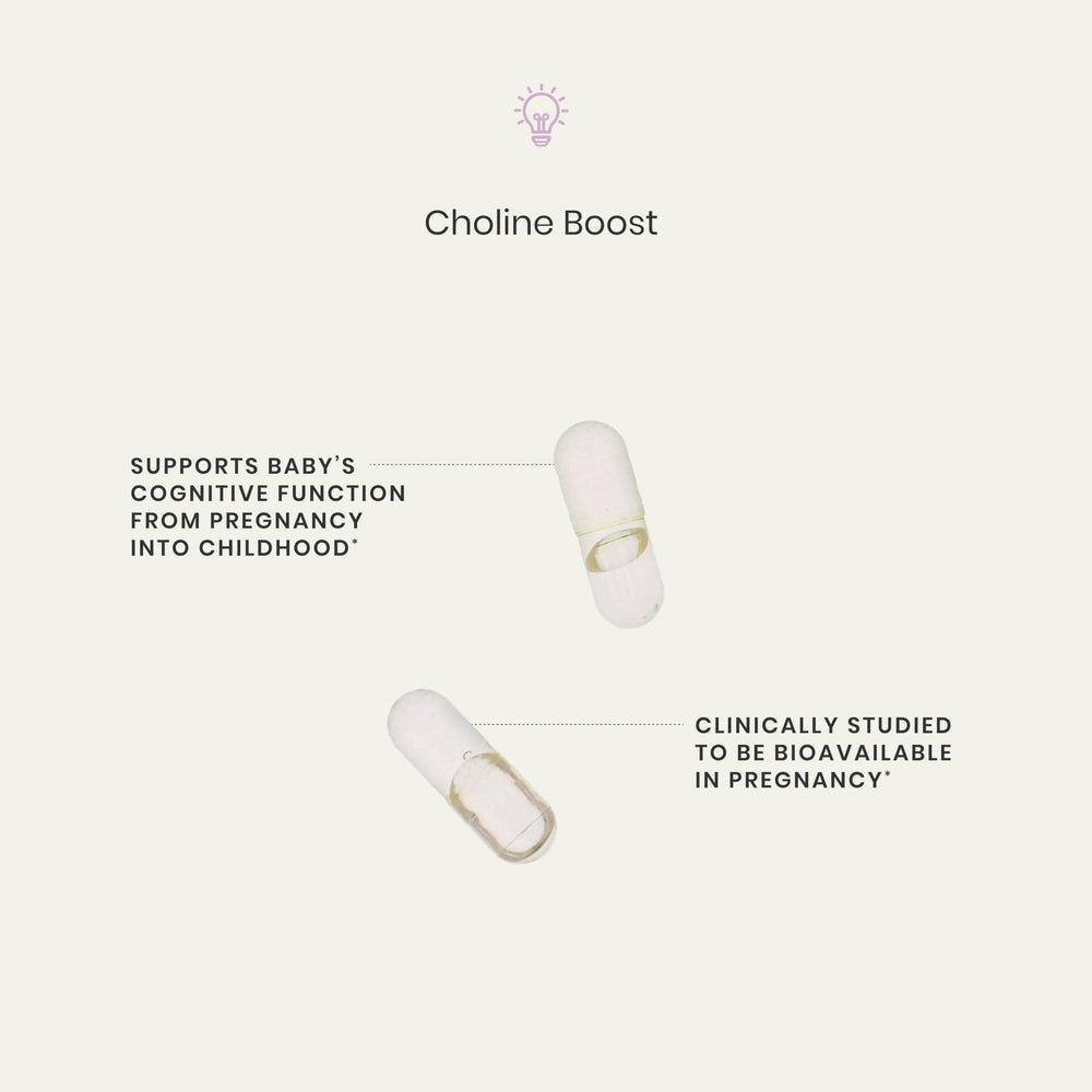 Perelel Choline Boost bottle packaging, gluten-free and non-GMO prenatal care.
