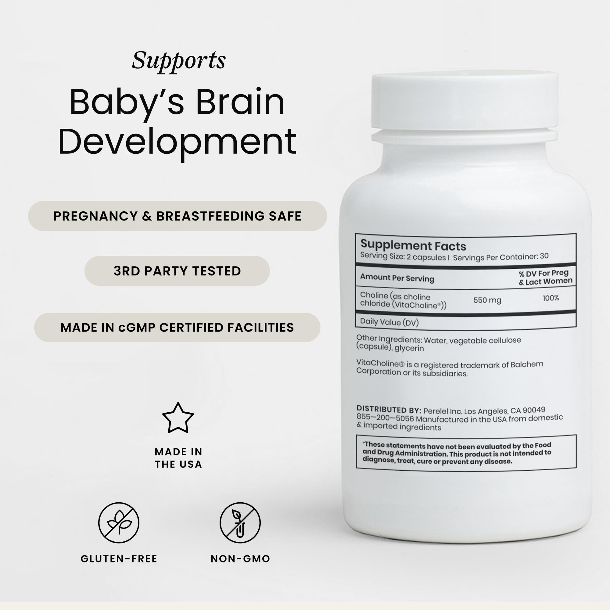 Perelel Choline Boost capsules close-up, bioavailable choline for pregnancy wellness.