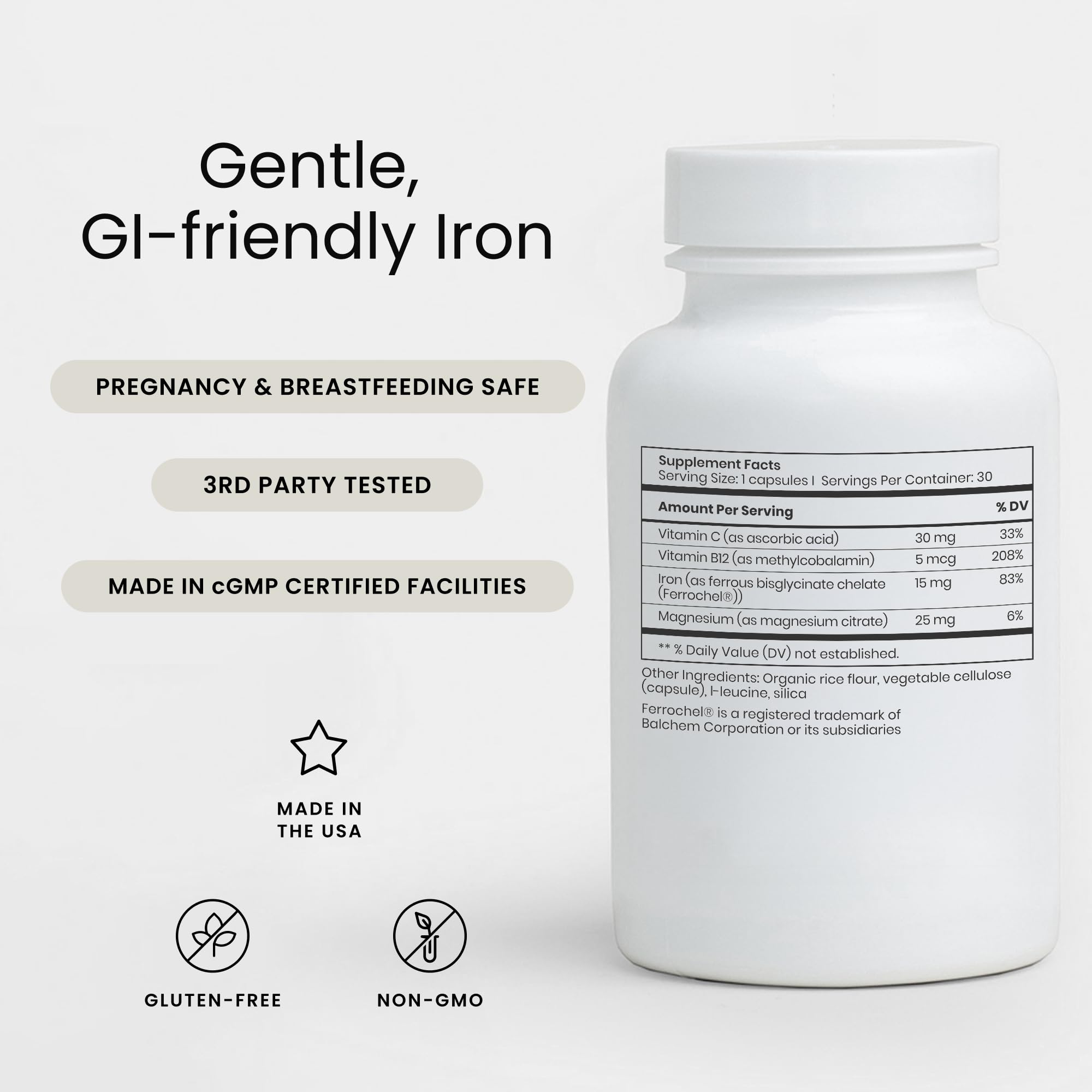 Perelel Daily Iron Ease label close-up shows gluten-free, non-GMO formula.