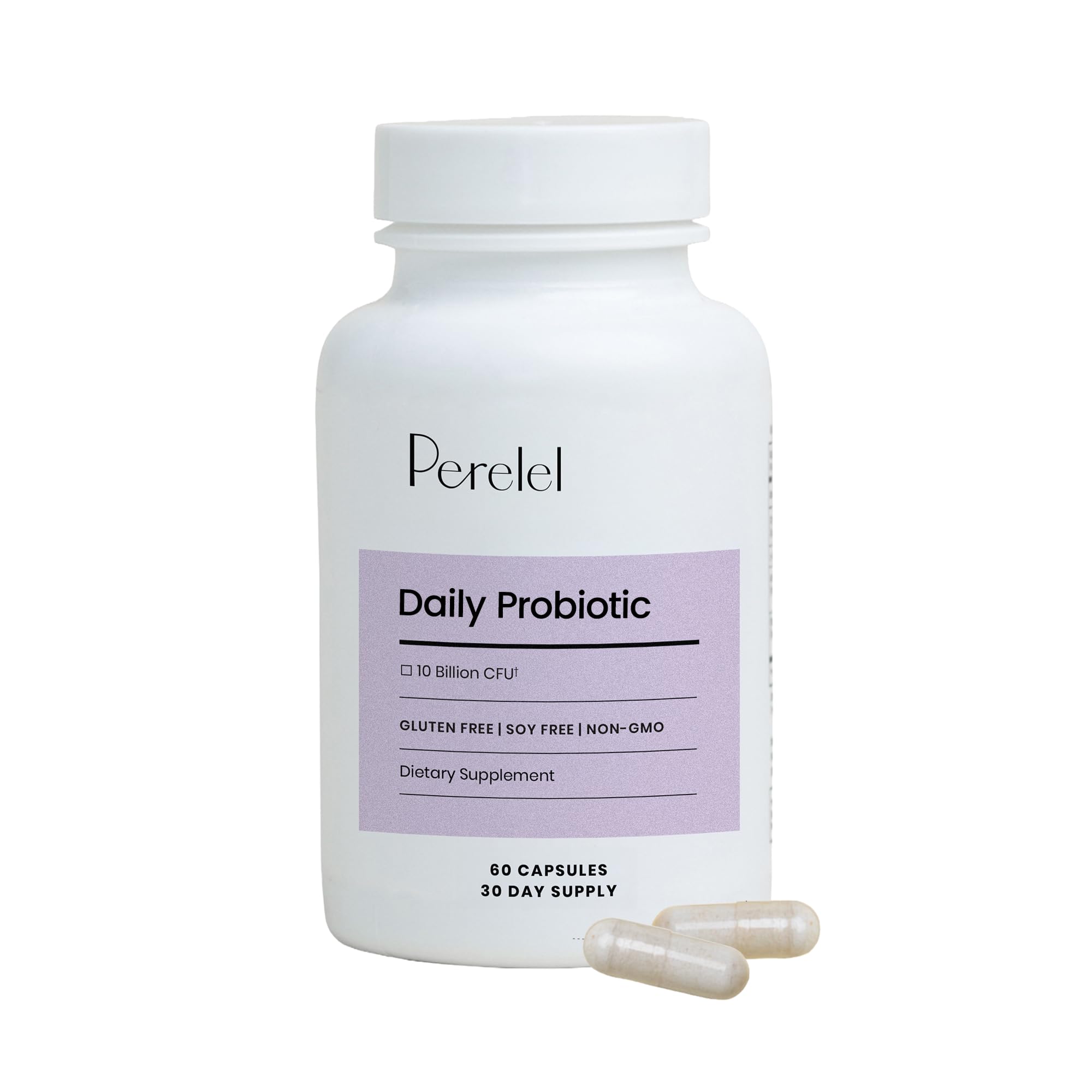 Perelel Daily Probiotic bottle front shows 10 billion CFU for daily gut balance