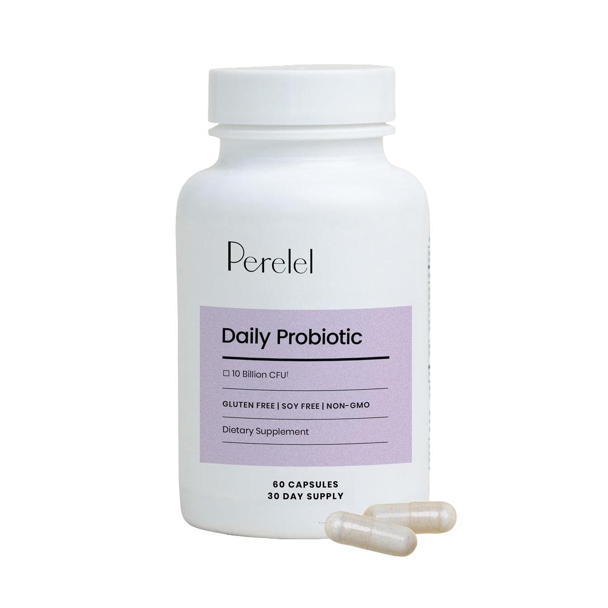Perelel Daily Probiotic bottle front shows 10 billion CFU for daily gut balance