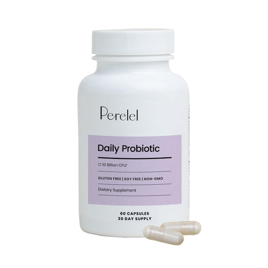 Perelel Daily Probiotic bottle front shows 10 billion CFU for daily gut balance