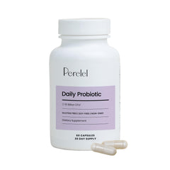 Perelel Daily Probiotic bottle front shows 10 billion CFU for daily gut balance