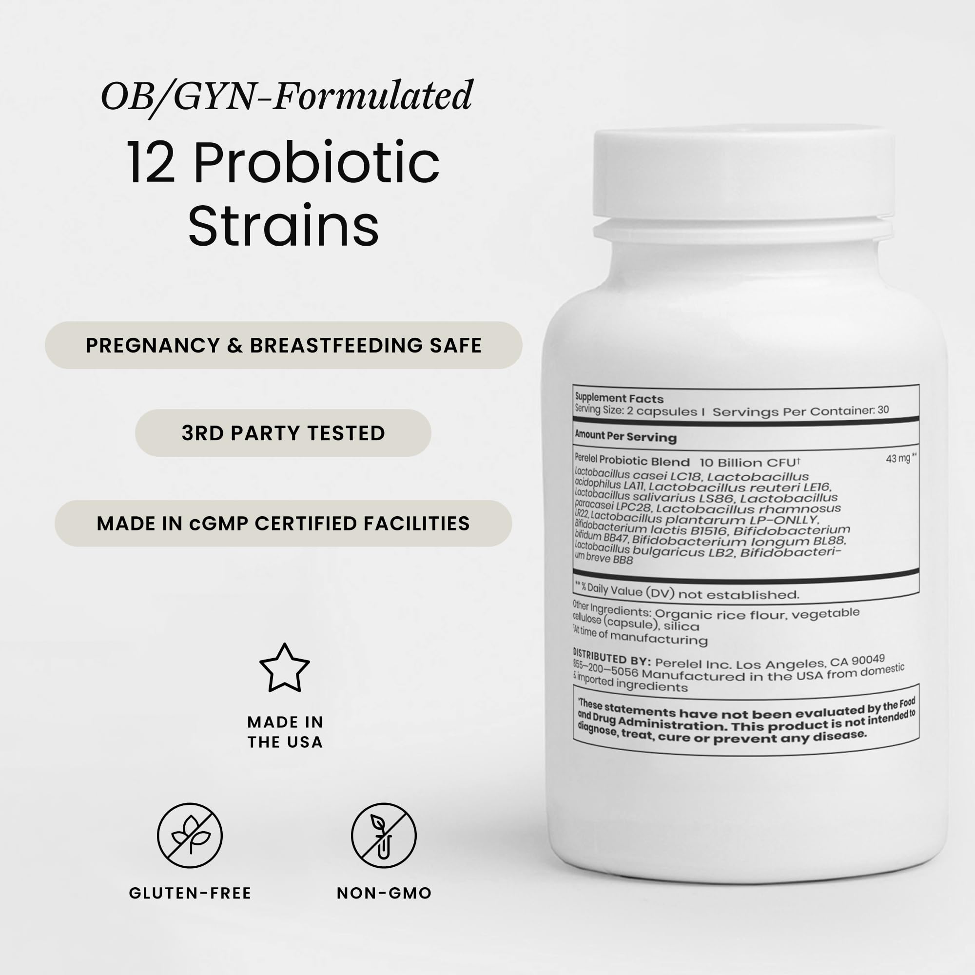 Perelel Daily Probiotic bottle side highlights non-GMO, gluten-free formulation for women