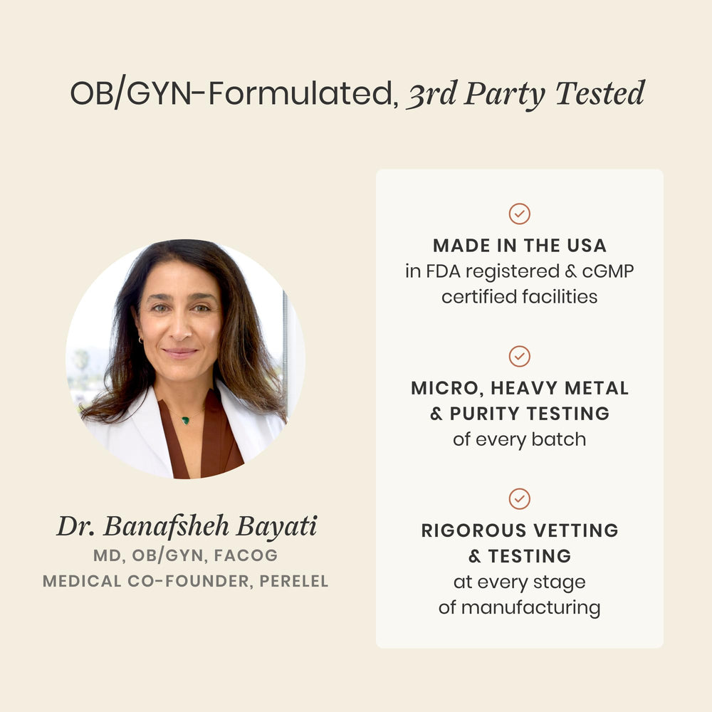 Perelel Fertility Support packaging box emphasizing a doctor-founded, trustworthy supplement