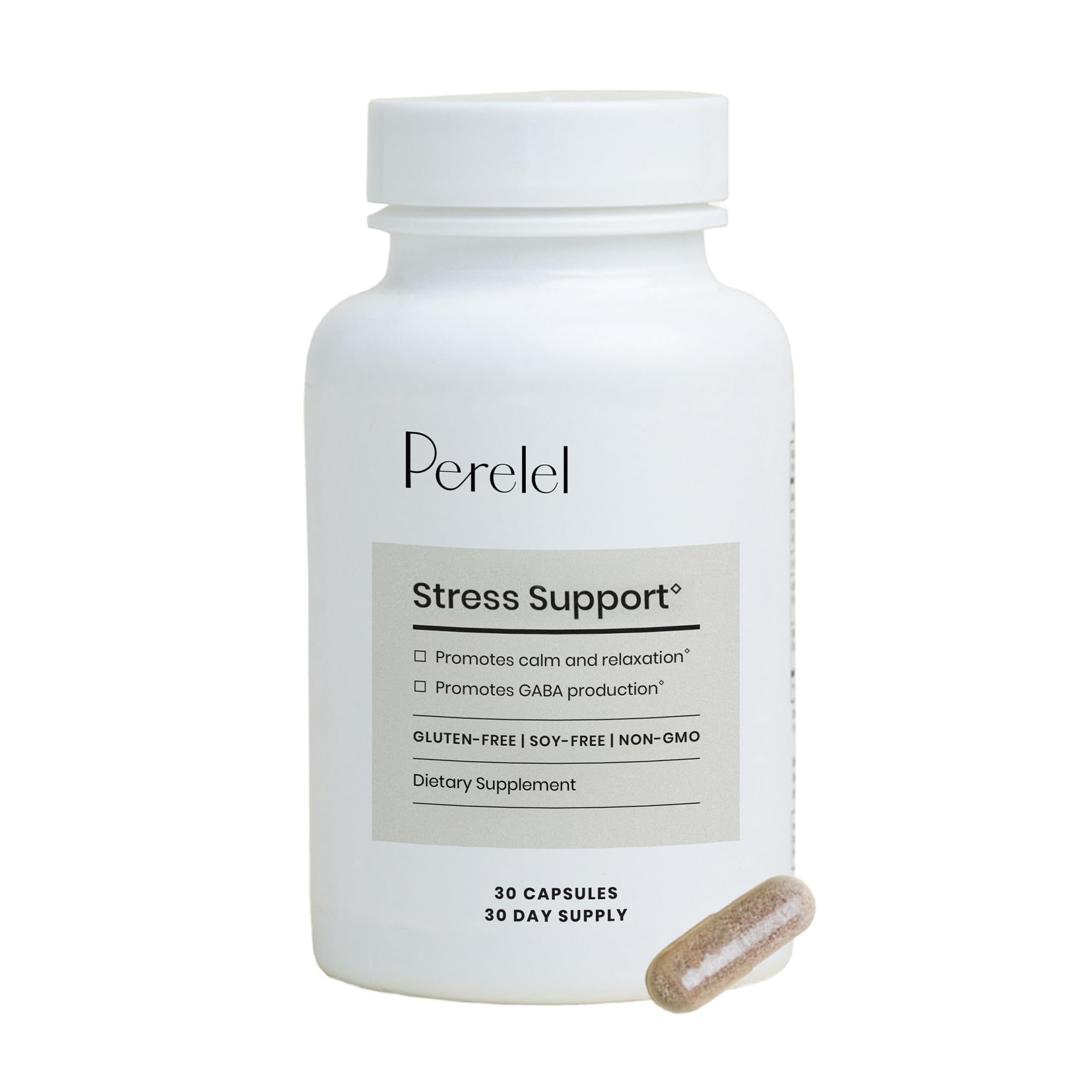 Perelel Stress Support bottle with capsules for daily relaxation and wellness.