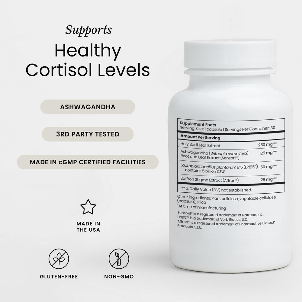 Perelel Stress Support box packaging shows gluten-free, non-GMO wellness formula.