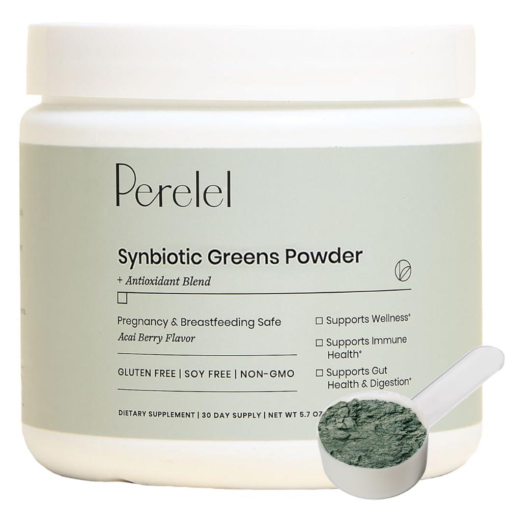 Perelel Synbiotic Greens Powder bottle ready for daily greens routine.