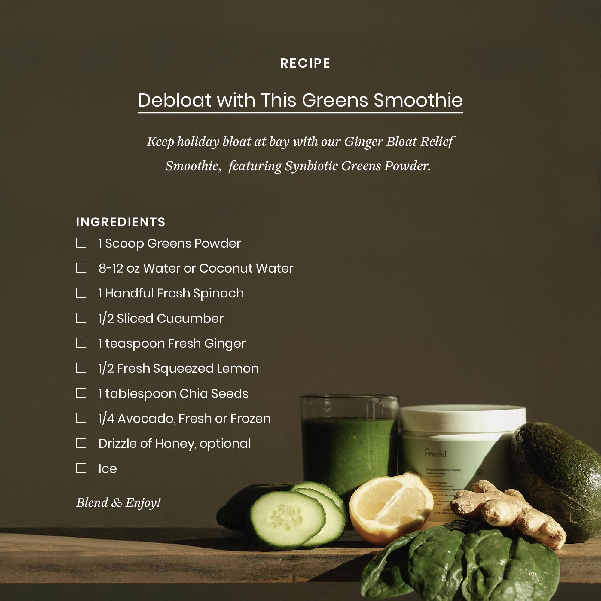 Perelel Synbiotic Greens Powder mixed with water for a tasty drink.