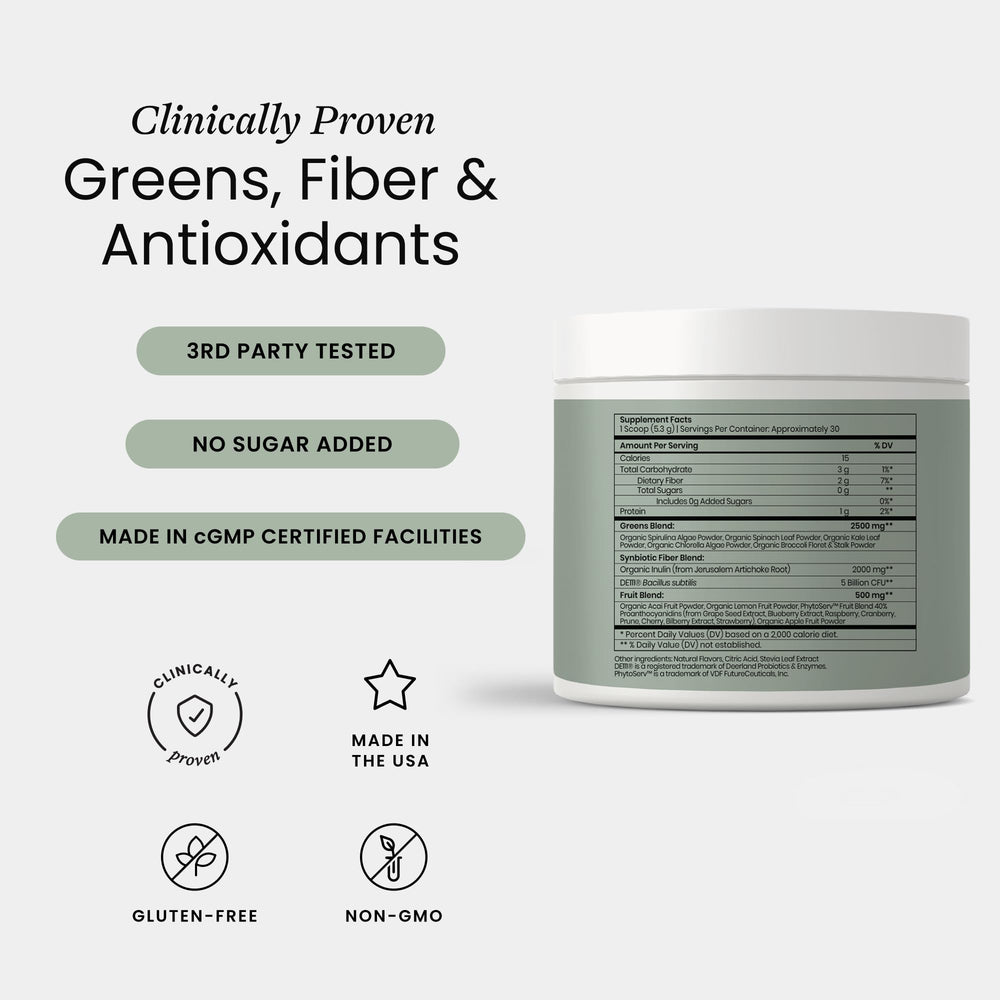 Perelel Synbiotic Greens Powder scoop measuring a convenient serving.