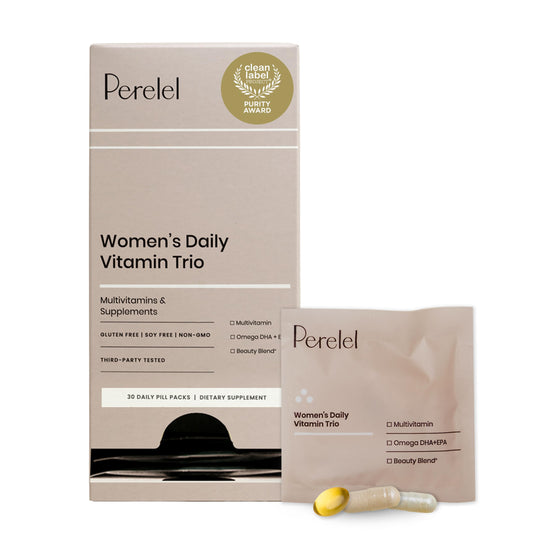 Perelel Women's Daily Vitamin Trio Pack shown for on-the-go daily nutrition.