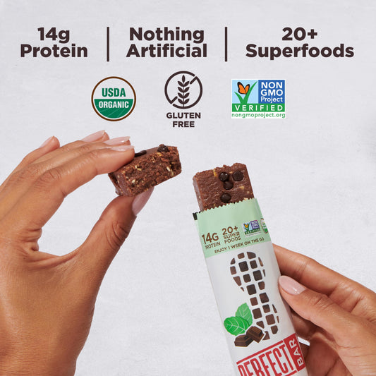 Close-up of Perfect Bar Chocolate Mint Peanut Butter Bar texture with cookie dough feel.