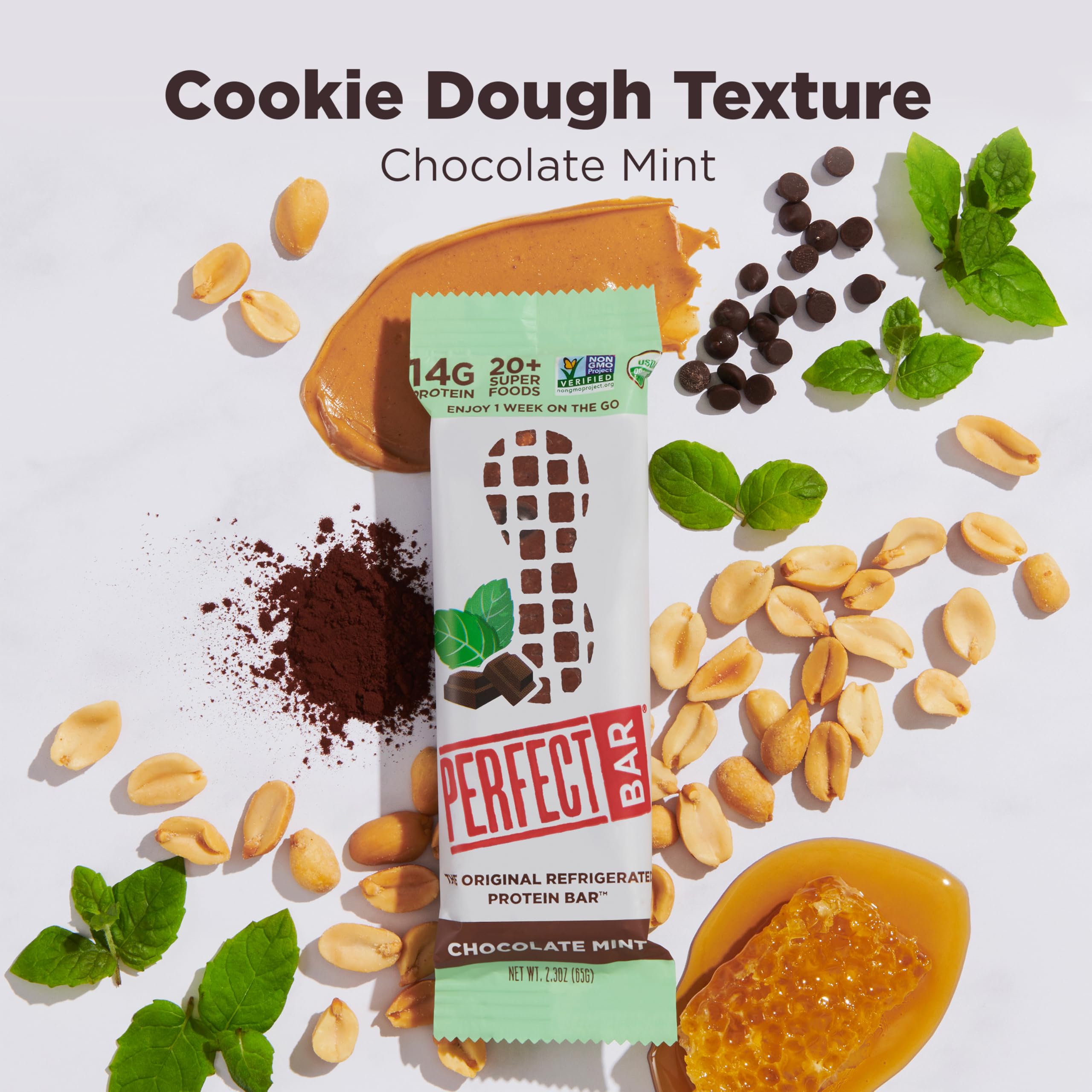 Ingredient shot of Perfect Bar Chocolate Mint Peanut Butter Bar with peanuts and honey for natural energy.
