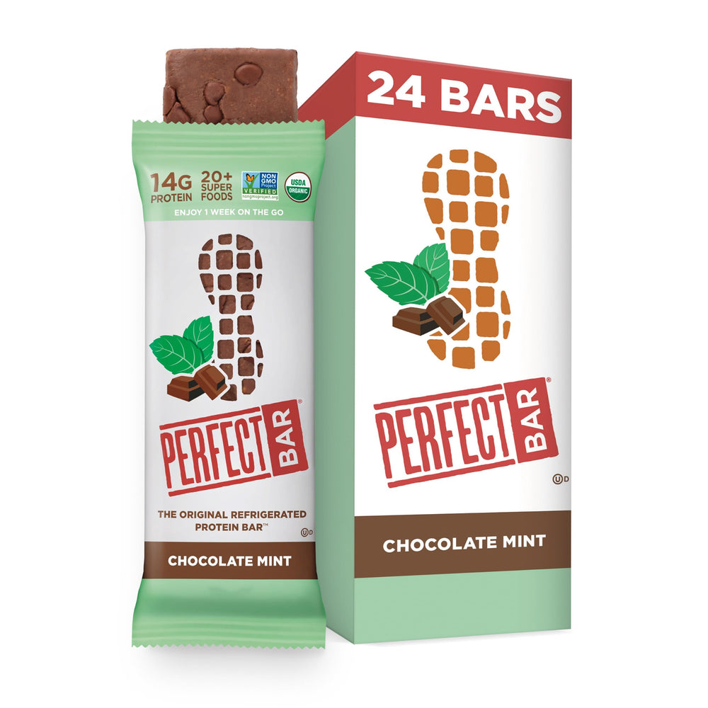 Perfect Bar Chocolate Mint Peanut Butter Bar pack—refrigerated protein snack for on-the-go fuel.