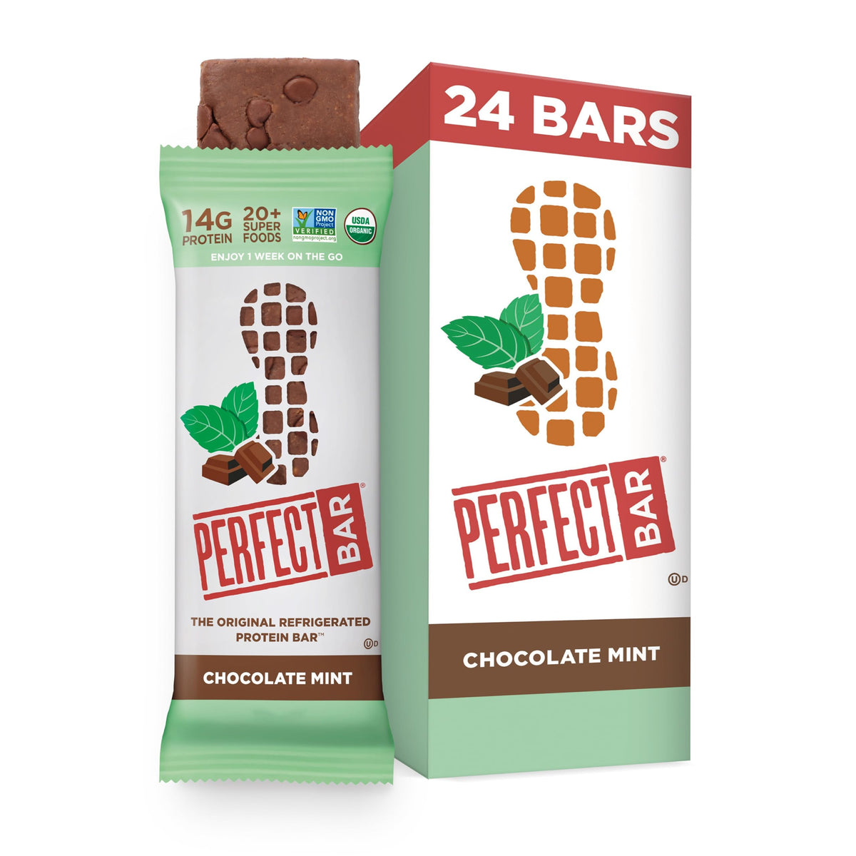 Perfect Bar Chocolate Mint Peanut Butter Bar pack—refrigerated protein snack for on-the-go fuel.