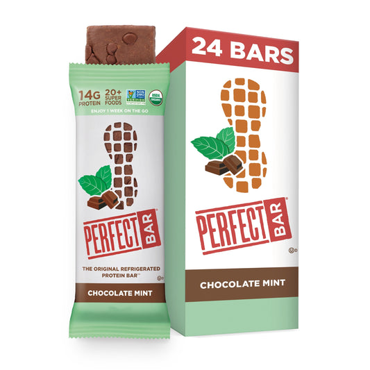 Perfect Bar Chocolate Mint Peanut Butter Bar pack—refrigerated protein snack for on-the-go fuel.