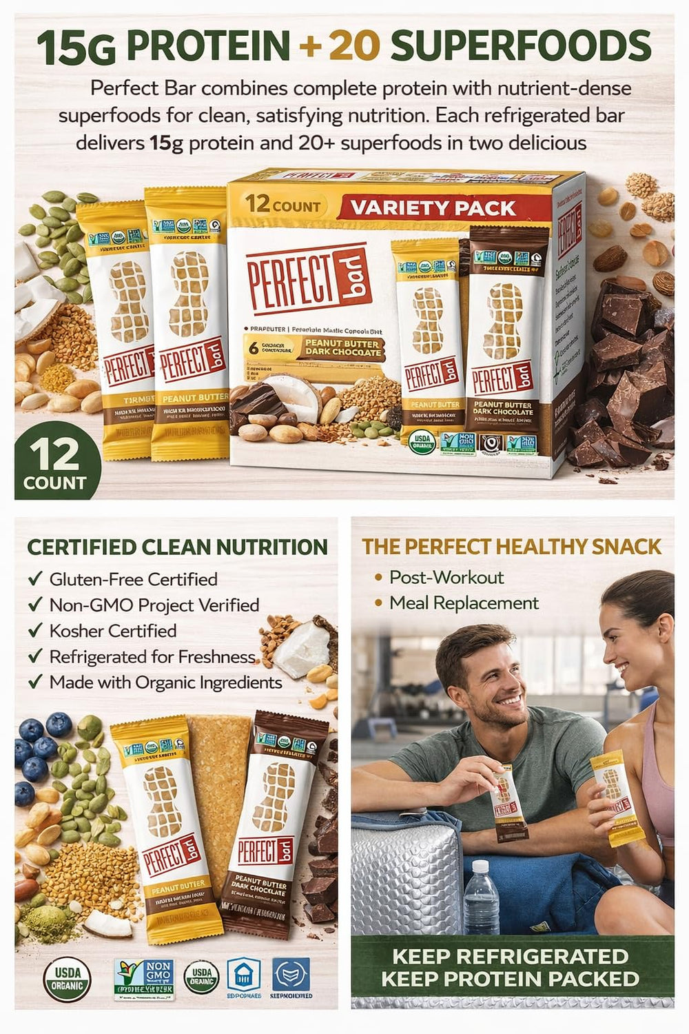 Perfect Bar organic ingredients close-up featuring nut butters and greens for nutrient density.