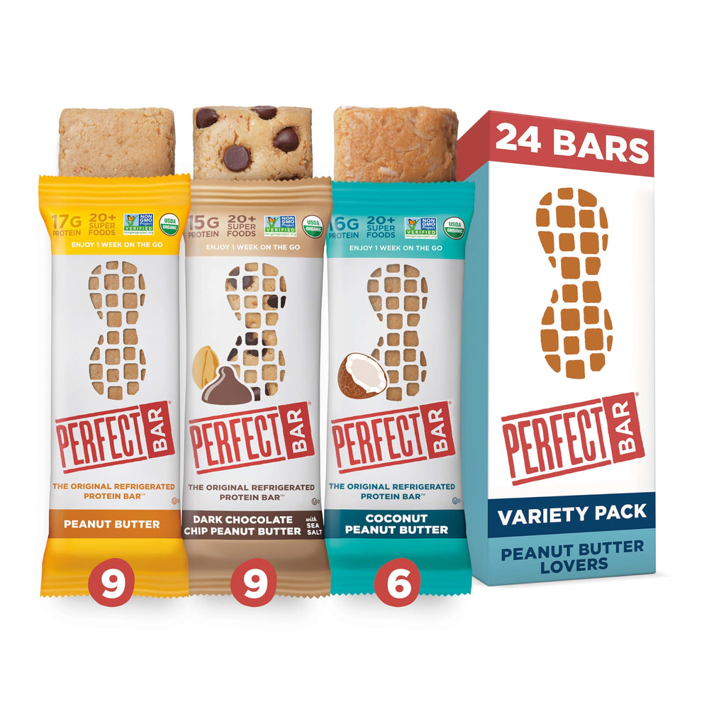 Perfect Bar variety pack on fridge display, convenient protein snack.