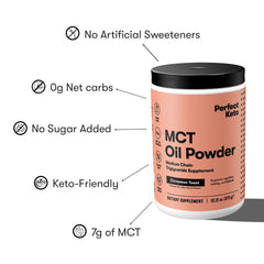 Container showing Perfect Keto MCT Oil Powder with 30 servings