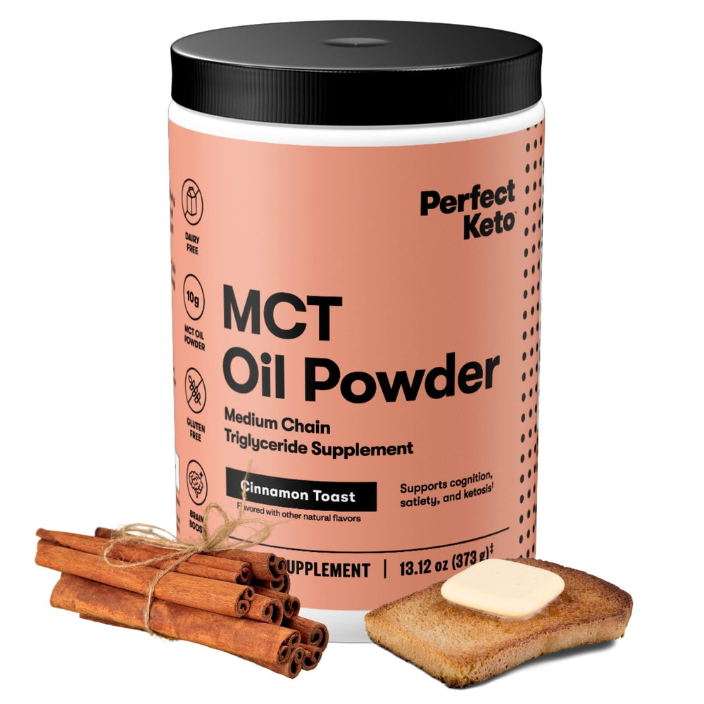 Perfect Keto 7g MCT Oil Powder bottle close-up, non-dairy keto coffee creamer