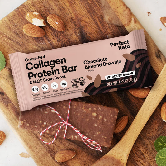 Perfect Keto Bars ingredient closeup showing collagen, almonds, and MCT content for energy.