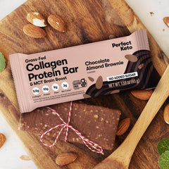 Perfect Keto Bars ingredient closeup showing collagen, almonds, and MCT content for energy.