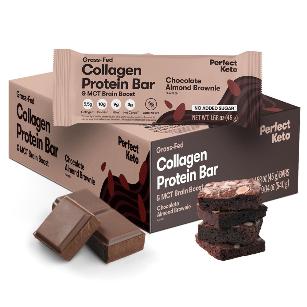 Perfect Keto Bars Almond Butter Brownie packshot highlighting a keto-friendly snack option.