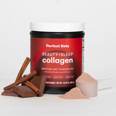 Perfect Keto Beauty + Sleep collagen powder tub highlighting keto-friendly beauty support.