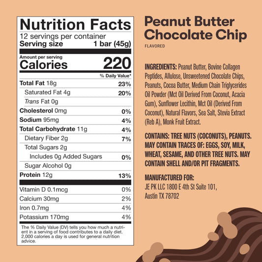 Perfect Keto collagen bar peanut butter chocolate chip bar closeup shows chewy texture