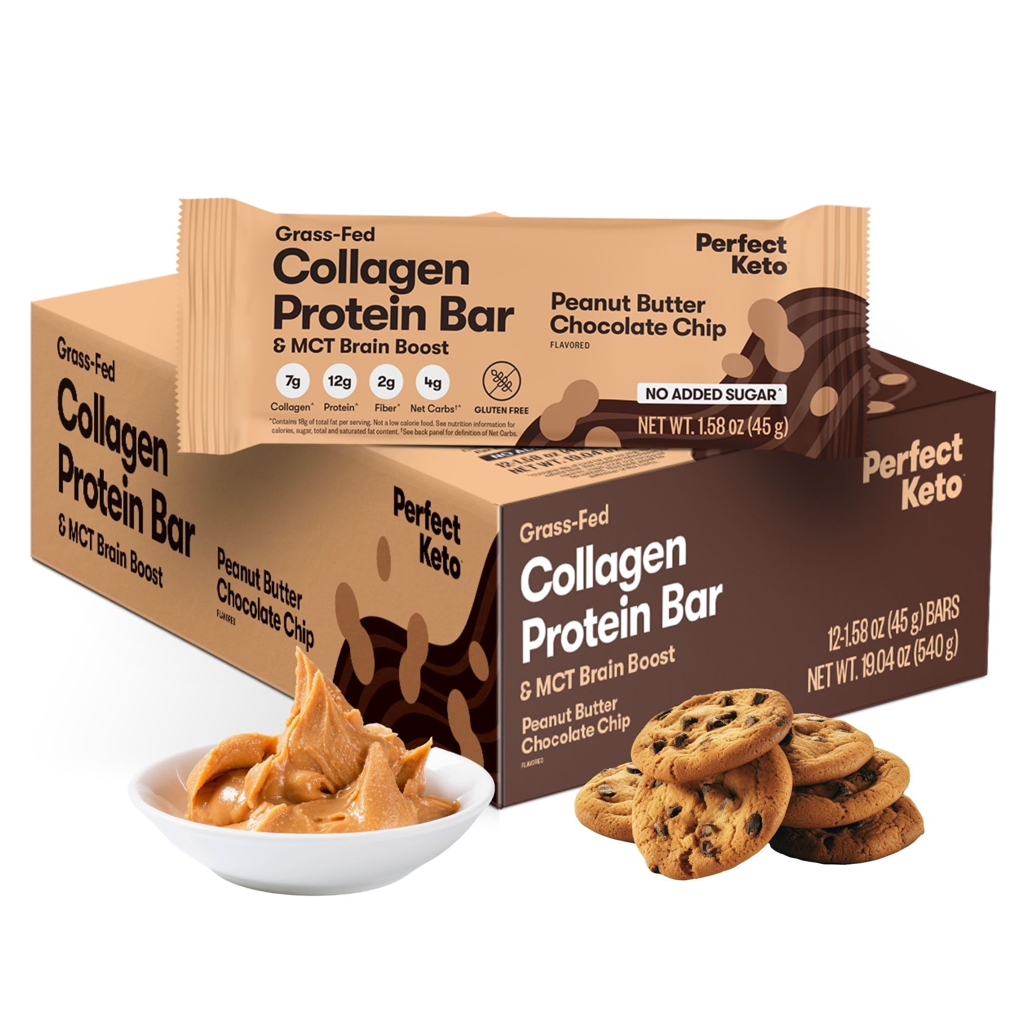 Perfect Keto collagen bar peanut butter chocolate chip pack for on-the-go keto snacking