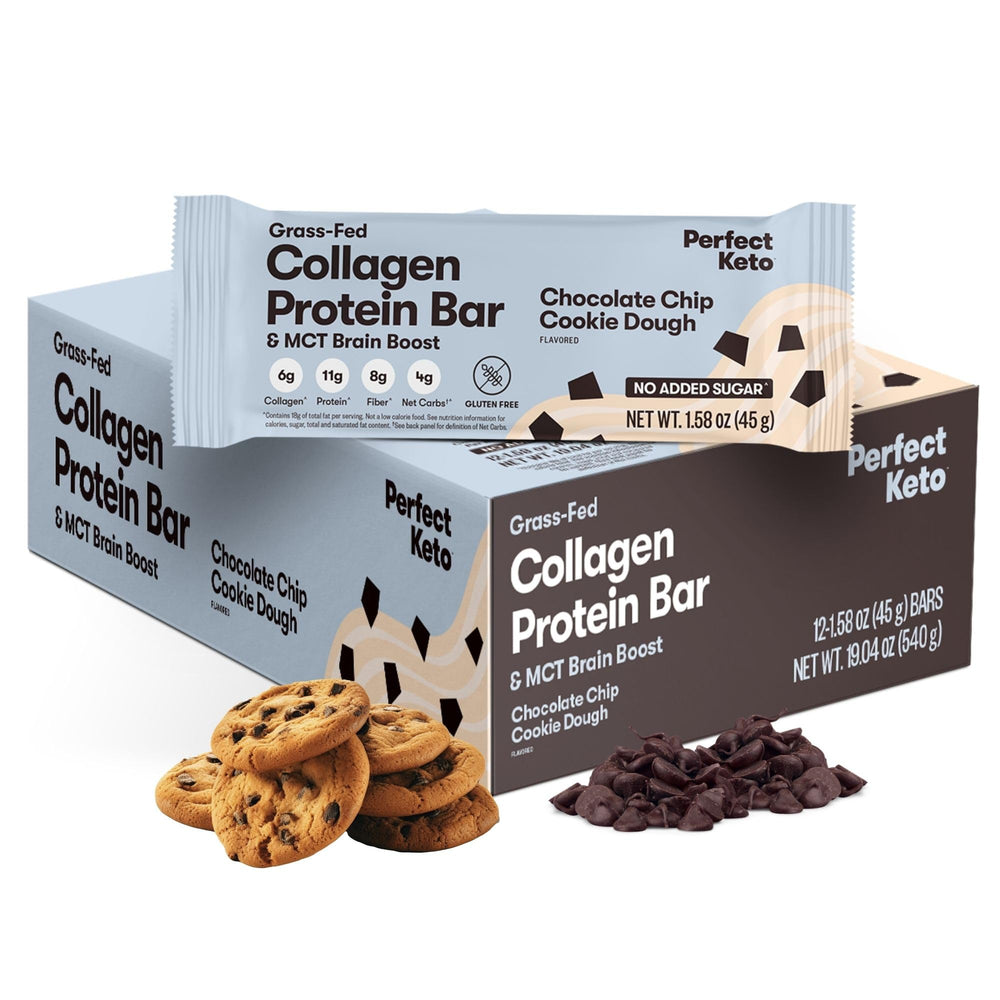 Perfect Keto collagen bars chocolate chip: glossy bar with rich flavor and Keto-friendly energy boost