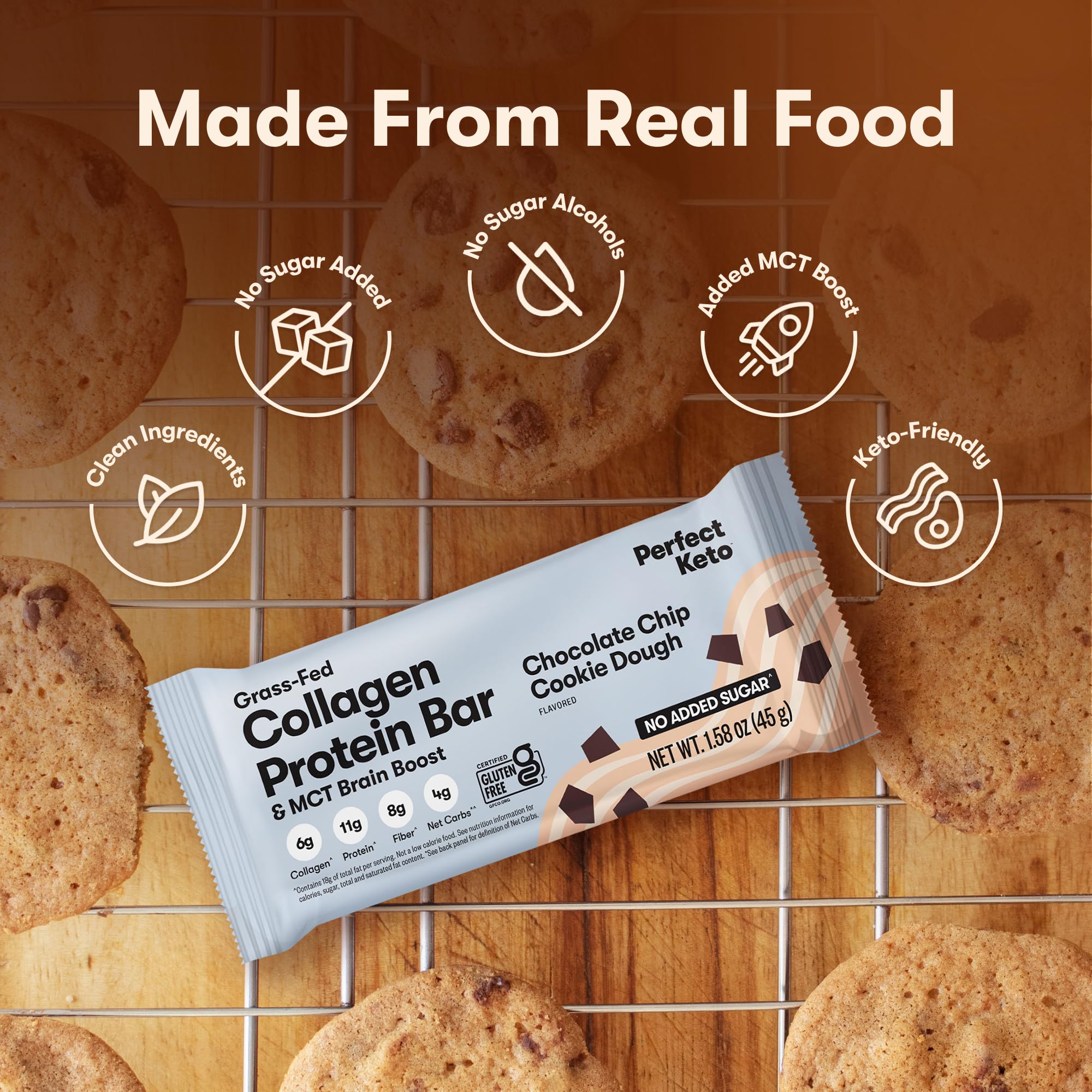 Perfect Keto collagen bars gluten-free packaging close-up for on-the-go snacking