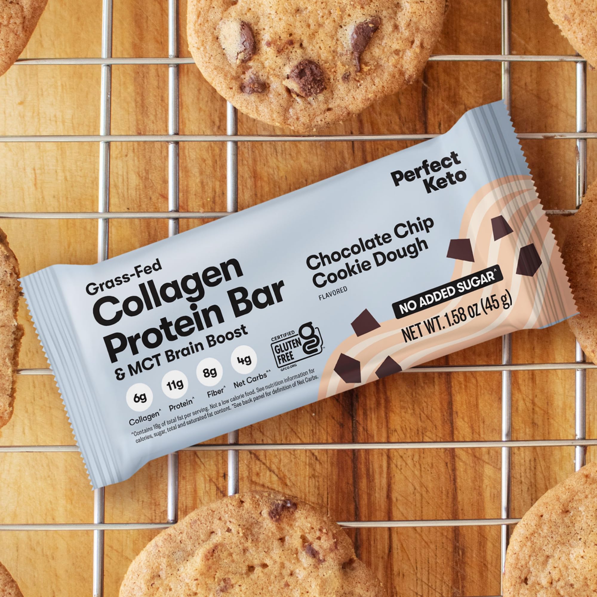 Perfect Keto collagen bars ingredients layout showing almonds, cacao, coconut oil for clean protein
