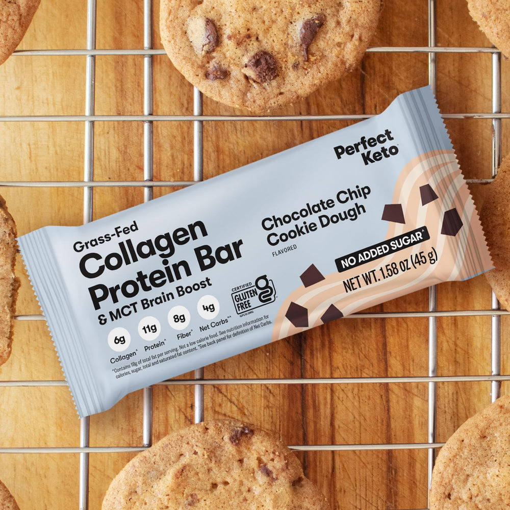 Perfect Keto collagen bars ingredients layout showing almonds, cacao, coconut oil for clean protein
