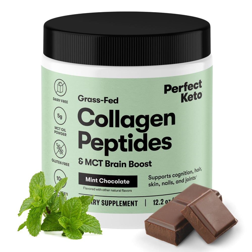 Perfect Keto mint chocolate collagen front label highlighting grass-fed formula for daily wellness.
