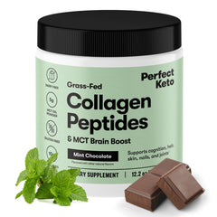 Perfect Keto mint chocolate collagen front label highlighting grass-fed formula for daily wellness.