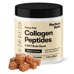 Perfect Keto collagen peptides with MCT in a jar highlight keto-friendly protein.