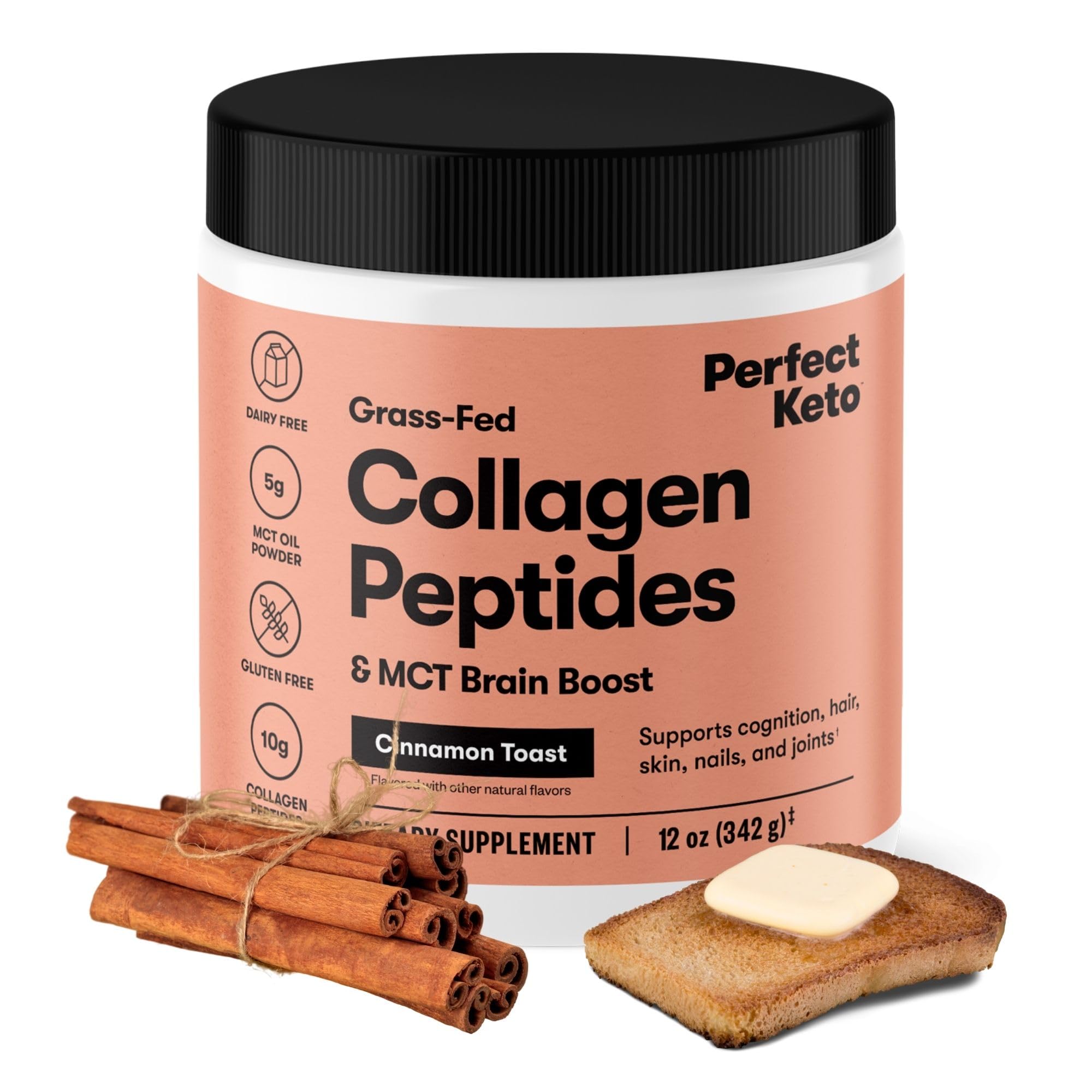 Perfect Keto collagen peptides bottle with MCT oil, highlighting grass-fed protein for daily wellness.