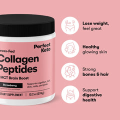 Grass-fed sourcing badge on Perfect Keto jar emphasizing clean ingredients.