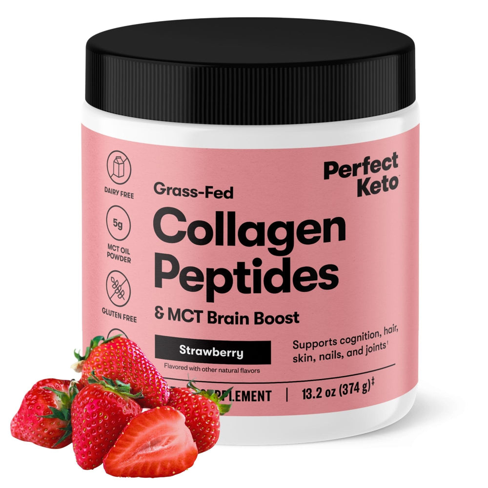 Perfect Keto Collagen Peptides strawberry powder for smoothie prep and coffee creamer.