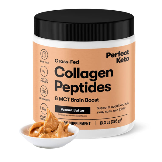 Perfect Keto collagen powder being poured into coffee for a creamy, low-carb boost.
