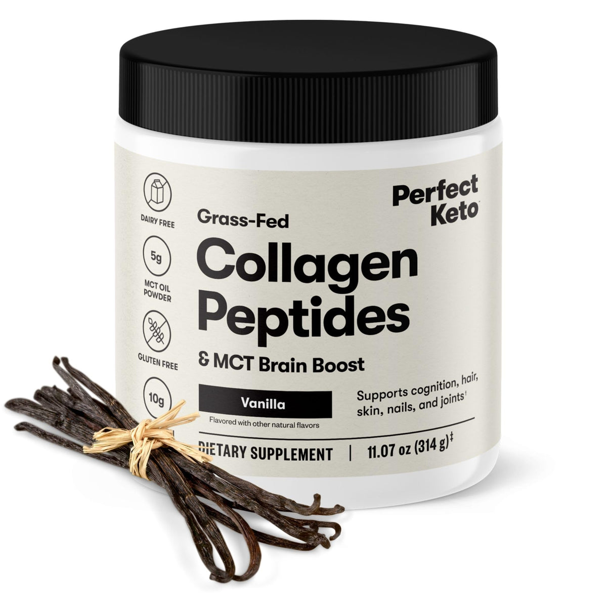 Perfect Keto Collagen Powder vanilla tub – smooth keto-friendly creamer for coffee.