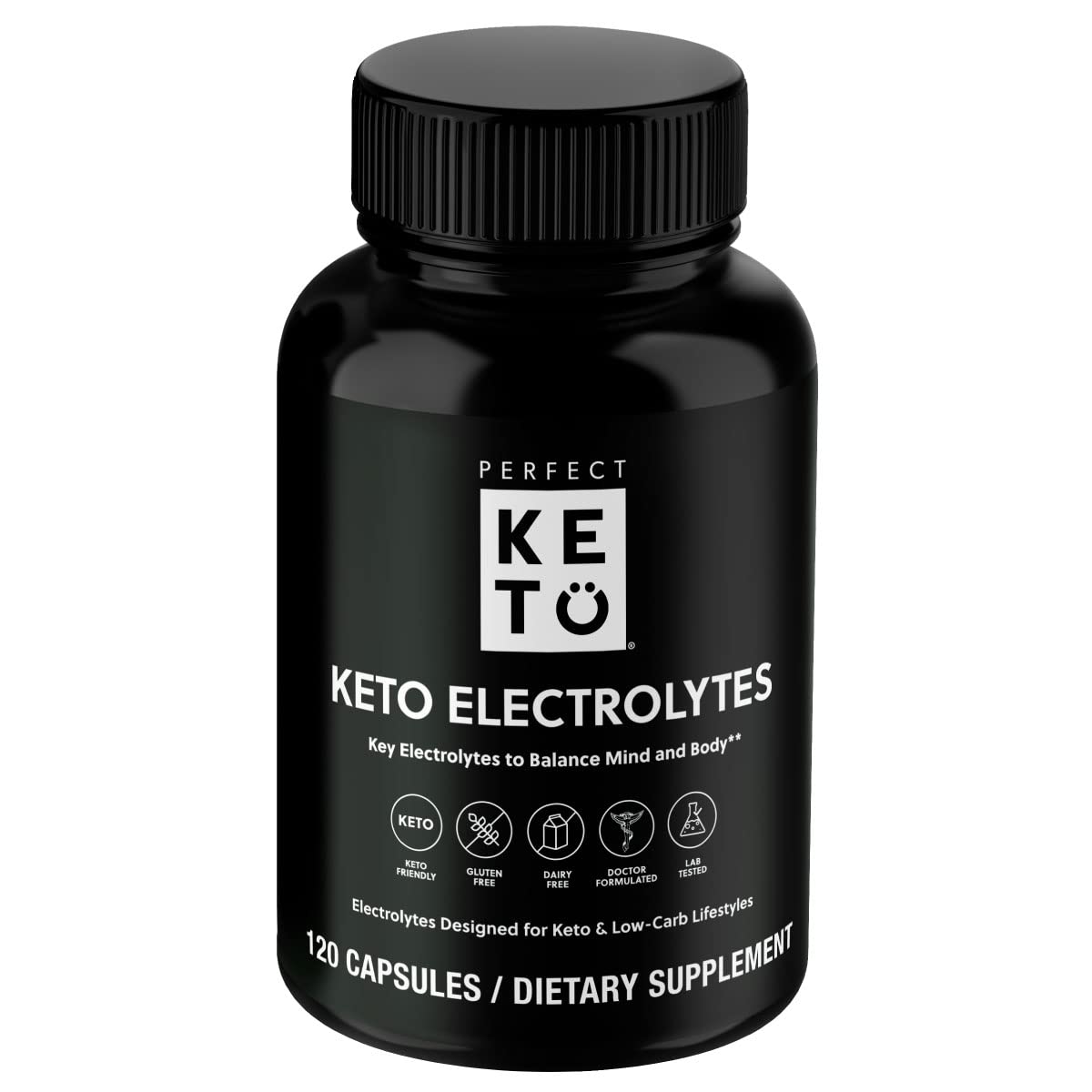 Perfect Keto Electrolytes capsules in a bottle promote hydration on a keto lifestyle.