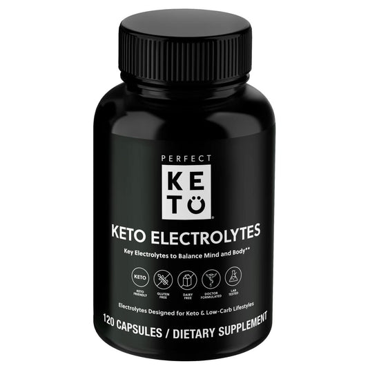 Perfect Keto Electrolytes capsules in a bottle promote hydration on a keto lifestyle.