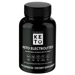 Perfect Keto Electrolytes capsules in a bottle promote hydration on a keto lifestyle.
